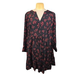 Loft Plus Floral Tiered Swing Dress Women 18 Black Red Long Sleeve Viscose Mini